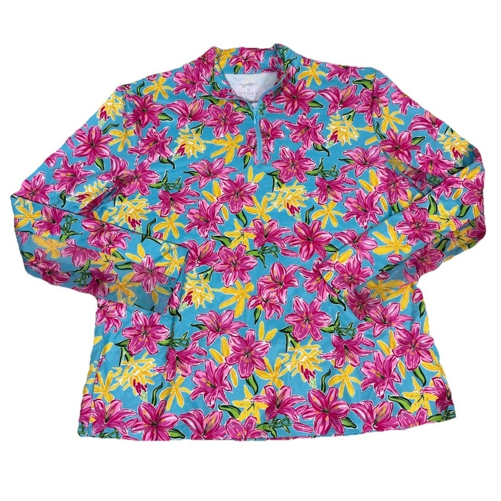 GOTTEX 1/4 Zip Tropical Floral Long Sleeve Sun Shirt Golf Tennis Womens XL Beach - Picture 8 of 11